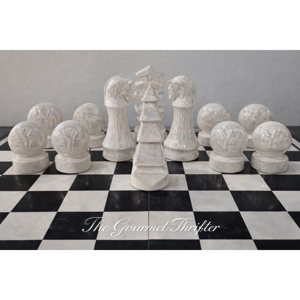 Suzy’s Ceramics Iridescent Chess Set Sculptures 1984 Pagoda Pawn Knight